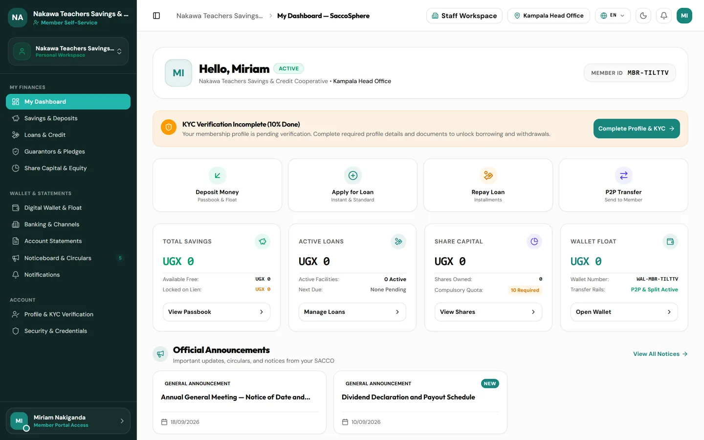 Member portal dashboard